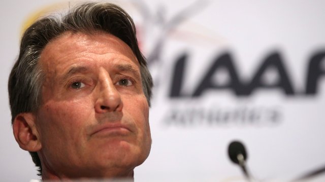 Sebastian Coe, IAAF's President, attends a press conference as part of the International Association of Athletics Federations (IAAF) council meeting in Monaco