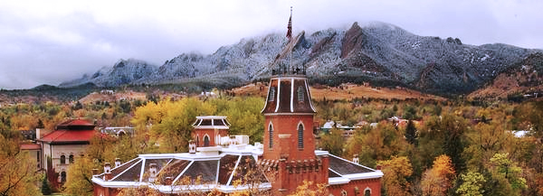 Old Main and Flatirons with Clouds in the Fall